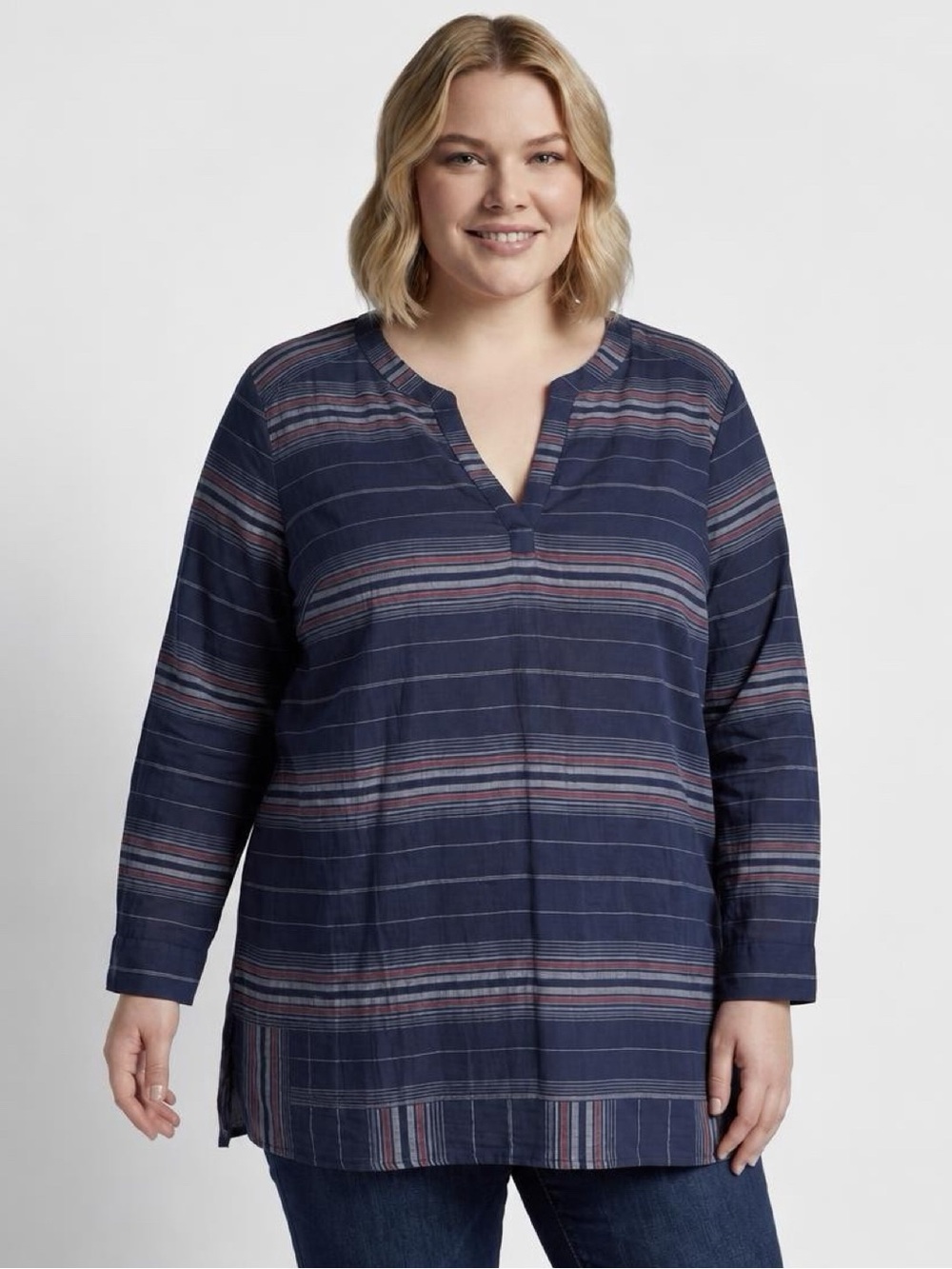 NWT Old Navy XXL Navy Blue with Stripes Split-Neck Long Sleeve Tunic